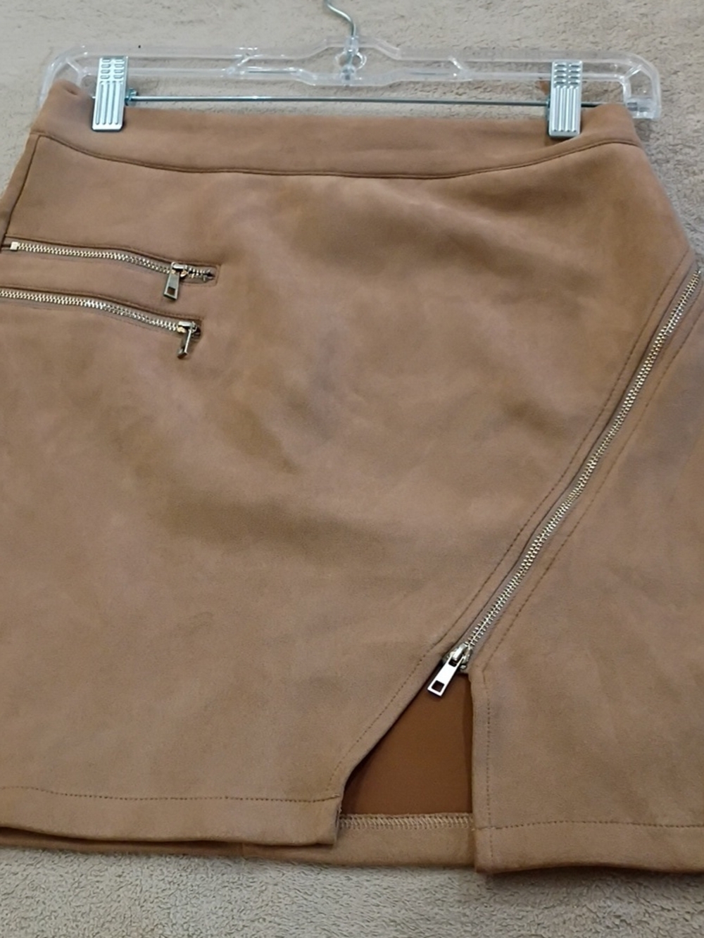 New No Tag.Suede Gold Zip-Accent Mini Skirt in Taupe - Picture 2 of 7